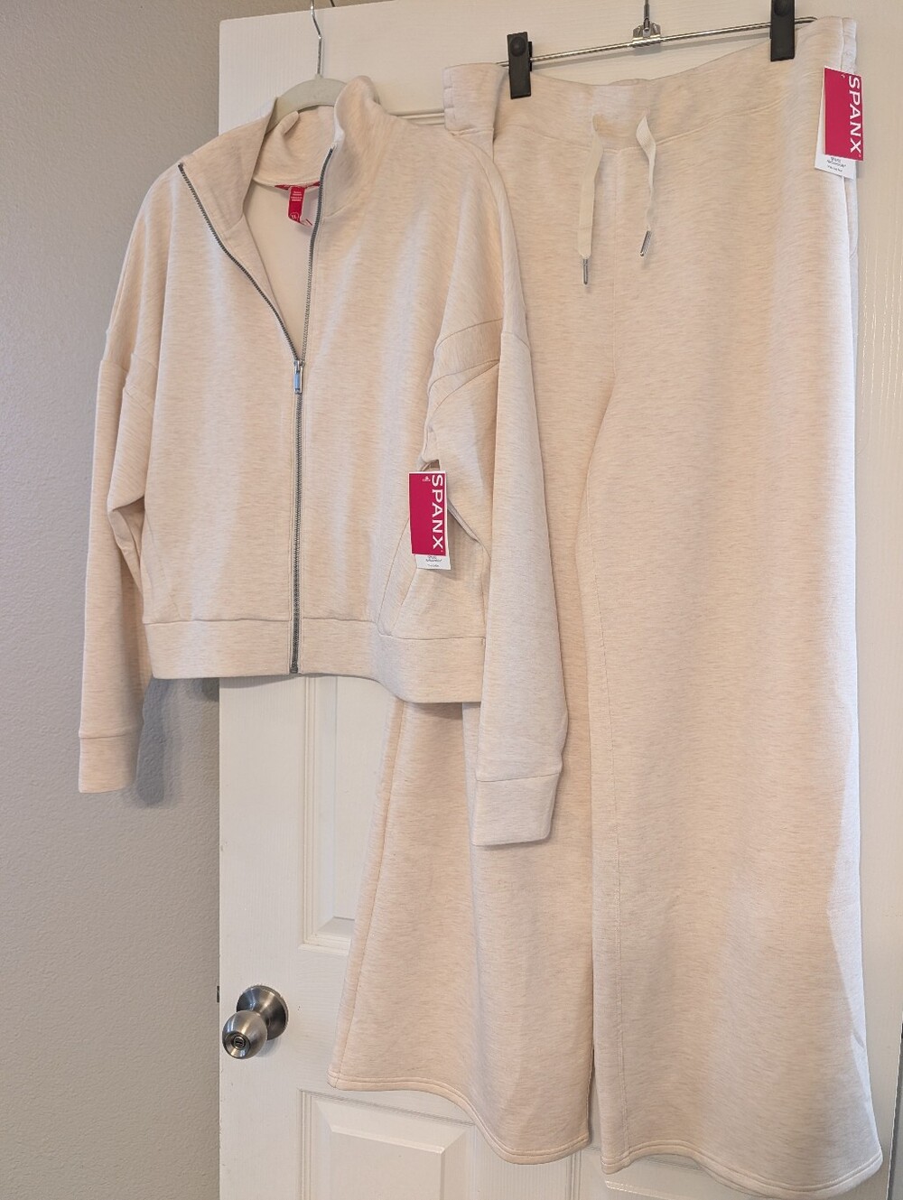 SPANX AirEssentials Oatmeal Heather Full Zip Jacket & Wide Leg Pants Set XL NWT
